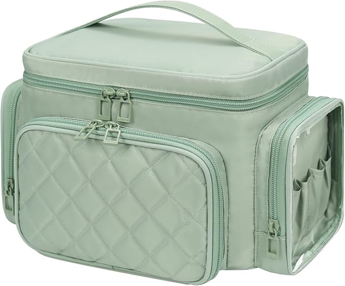 Bagmoly Large Makeup Bag, Portable Travel Makeup Bag Organizer for Women Girls with Makeup Brush Compartment & Two Side Pockets, Cosmetic Travel Bag Vertical Storage Toiletry - Green - Image 8