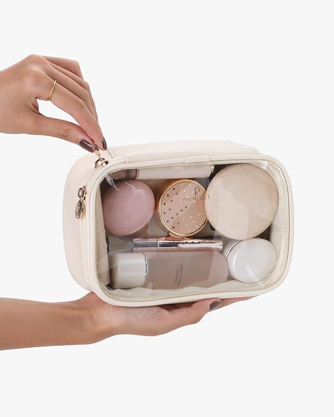 Pocmimut Makeup Bag,Small Makeup Bag TSA Approved Clear Toiletry Bag,Makeup Case Pouches Car Accessories Storage for Women,Travel Essentials Organizers,Beige - Image 10