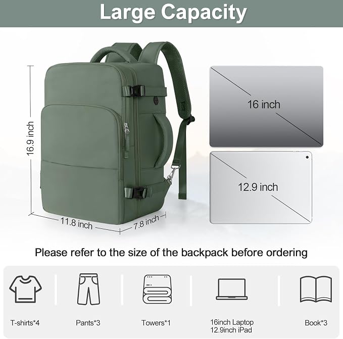 Sinaliy Personal Item Backpack, Carry on Travel Backpack with Multi-Pockets, Waterproof Casual College 16inch Laptop Backpack for Men Women, Army Green | Waterproof 16 Inch Laptop Backpack for Work, College, Weekend, Business, Travel Bag with Wet Pocke... - Image 9