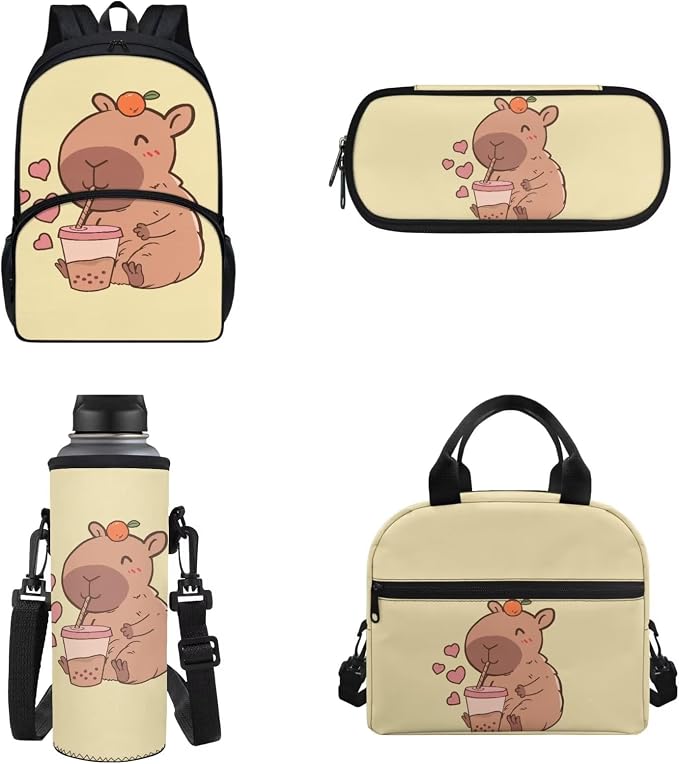 4 Pack Capybara Backpack Add Name Personalize Cartoon Capybara Schoolbag Sets with Lunch Box Pencil Case Water Holder Sleeve for Boy Girl 3-4,Casual Daypack Outdoor Travel Ruckpack - Image 6