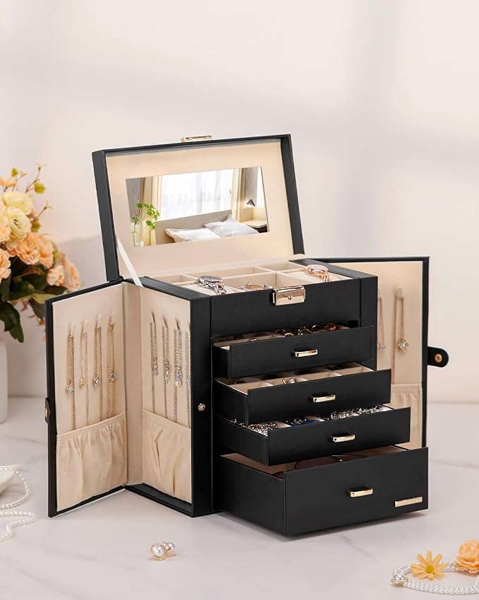 Homde Synthetic Leather Huge Jewelry Box Mirrored Watch Organizer Necklace Ring Earring Storage Lockable Gift Case (Black + Gold) - Image 9