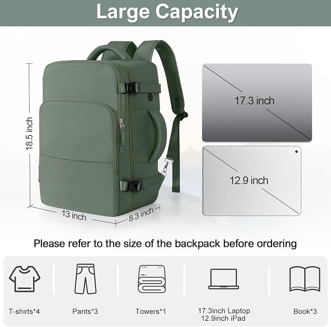 Sinaliy Travel Backpack, TSA Carry on Flight Approved Backpack | Waterproof 17.3 Inch Laptop Backpack with Multi-Pockets, Personal Item Travel Bag for Work, College, Business, Olive Green - Image 9