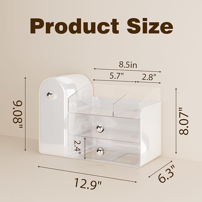 lurcns Makeup Organizer with Dustproof Brush Holder for Vanity, Large Cosmetics Organizer and Bathroom Countertop Skincare Storage with 2 Clear Drawers for Lipstick, Perfume, Eyeshadow Palettes,White - Image 5