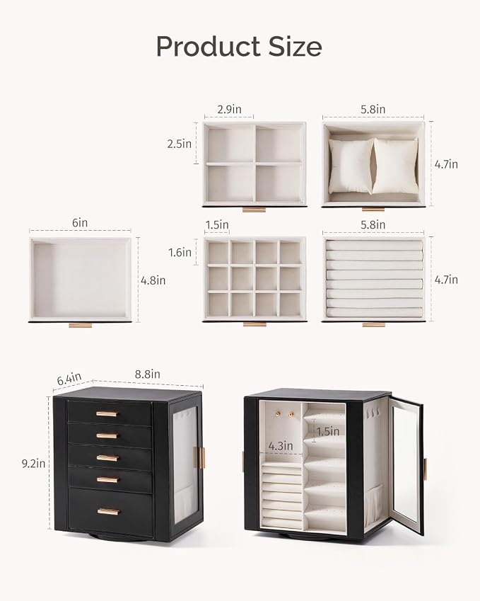 CASEGRACE 360° Rotating Jewelry Box Organizer, Jewelry Storage with 5 Drawers, Clear Window, Jewelry Display Case for Bracelets, Necklaces, Earrings, Rings, Black - Image 7
