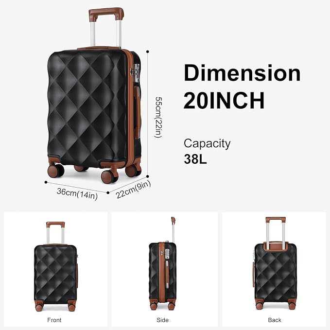 Somago Luggage Sets Suitcase with TSA Lock YKK Zipper Spinner Wheels ABS Hardside Luggage Weekender Bags Travel Set (Black, 3 Piece Set (20/DB/TB)) - Image 7