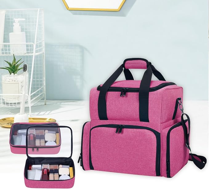Large Makeup Bag with 2 Removable Case,Red | Multifunctional Cosmetic Bag Double Layer Travel Toiletry Organizer for Womens and Storage Enthusiasts - Image 7