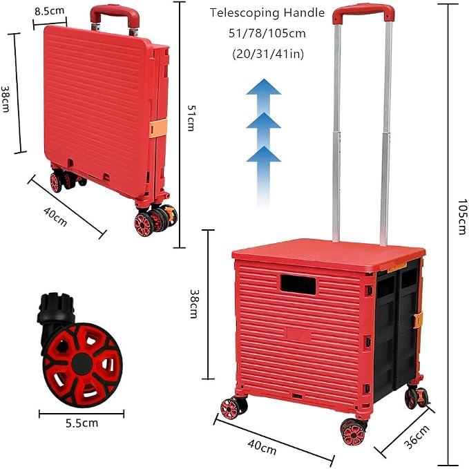FELICON SELORSS Foldable Utility Cart Folding Portable Rolling Crate-Red | Durable,Heavy Duty,Plastic Box,Telescoping Handle,4 Rotate Wheels,Collapsible Handcart for Travel Shop Move Luggage Office - Image 7