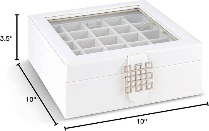 Glenor Co Earring Organizer - Classic 50 Section Jewelry Box/Case/Holder for Earrings, Rings, Necklaces, Jewelry, Cufflinks or Collections -2 Layer Small Compartments with Large Glass Top - White - Image 7
