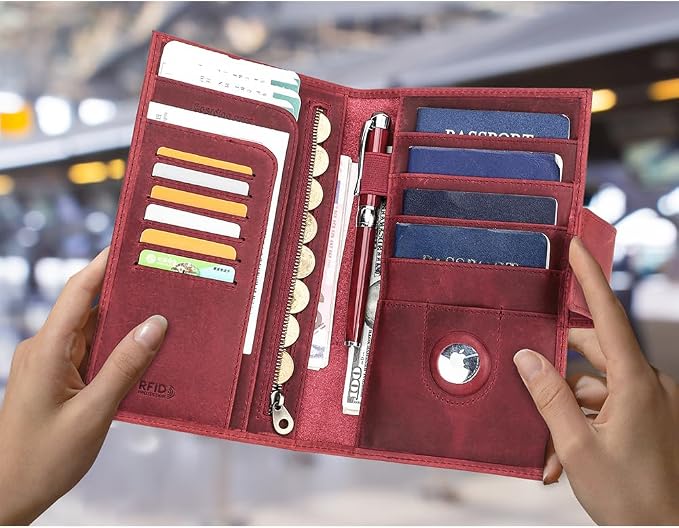 CONTACTS Full Grain Leather RFID Blocking Family Passport Holder for 4 Passport Wallet Compatible with Airtag Travel Passport Cover with 4 Passport Slot, 6 Card Slot (Red) - Image 9