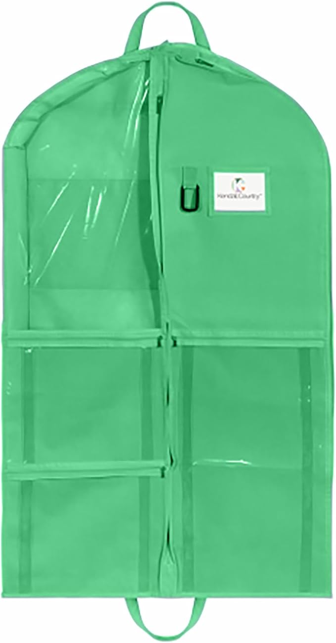 Enhanced Hanging Garment Bag with multiple clear Pockets, carrying straps, front and Side Zippers for Clothes, Dance Costumes, Cheer uniforms, and pageant dresses. (EmeraldGreen, 40 inch) by KendallCountry
