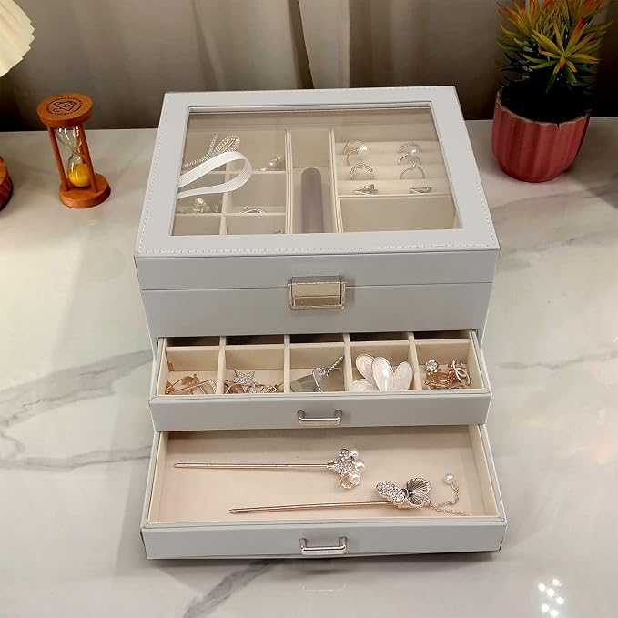 BOOVO Clear Lid Jewelry Box,3 Layers Jewelry Organizer Large Jewelry Storage Box with 2 Drawers,Jewelry Holder Organzier of Rings Earrings Necklace Bracelets for Women (Grey, 3 Layer) - Image 9