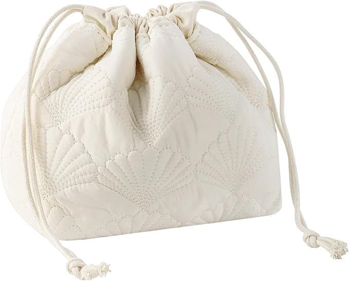 RSRSLEII Quilted Cotton Coquette Drawstring Makeup bag, Coastal Granddaughter Aesthetic Cosmetic Bag, Cute Seashell Portable Travel Toiletry Pouch (Drawstring White) - Image 7