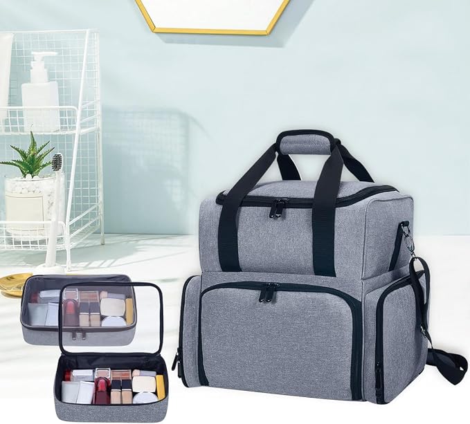 Large Makeup Bag with 2 Removable Case Cosmetic,Grey | Large Makeup Bag with 2 Removable Case Multifunctional Cosmetic Bag Double Layer Travel Toiletry Organizer - Image 7