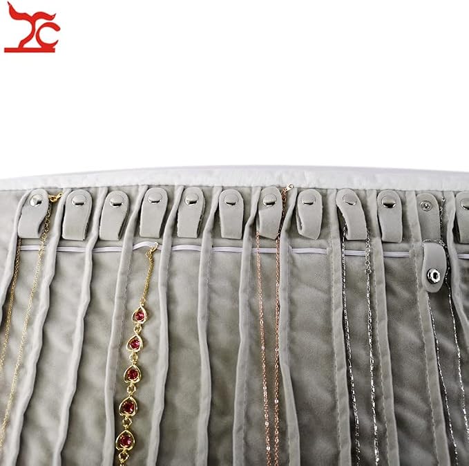 Travel Necklace Organizer, Tangle Free Jewelry Case, 16 Slots | Foldable,LightWeight Compact, Velvet Lining Jewelry Storage Bag for Chain Bracelet, Gift for Women Girls,Black PU and Gray - Image 5