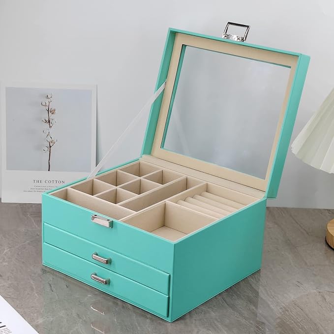 BOOVO Clear Lid Jewelry Box,3 Layers Jewelry Organizer Large Jewelry Storage Box with 2 Drawers,Jewelry Holder Organzier of Rings Earrings Necklace Bracelets for Women (Turquoise, 3 Layer) - Image 8