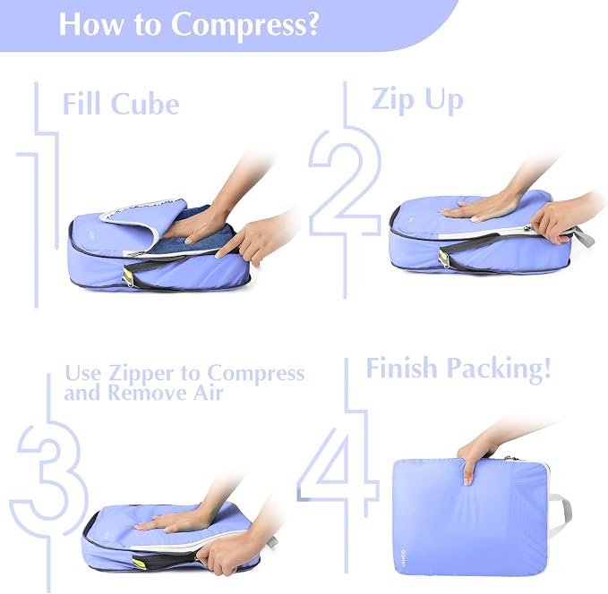 Gonex Compression Packing Cubes, 4pcs Expandable Storage Travel Luggage Bags Organizers (Periwinkle) - Image 7