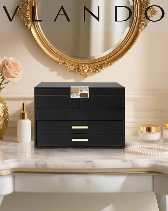 VLANDO 4 Layers Jewelry Box - Women Jewelry Box with Retractable Tray - Jewelry Organizer with Drawer for Necklaces, Rings, Bracelets, Earrings, Gift for Couples Mom Girls - Black - Image 8