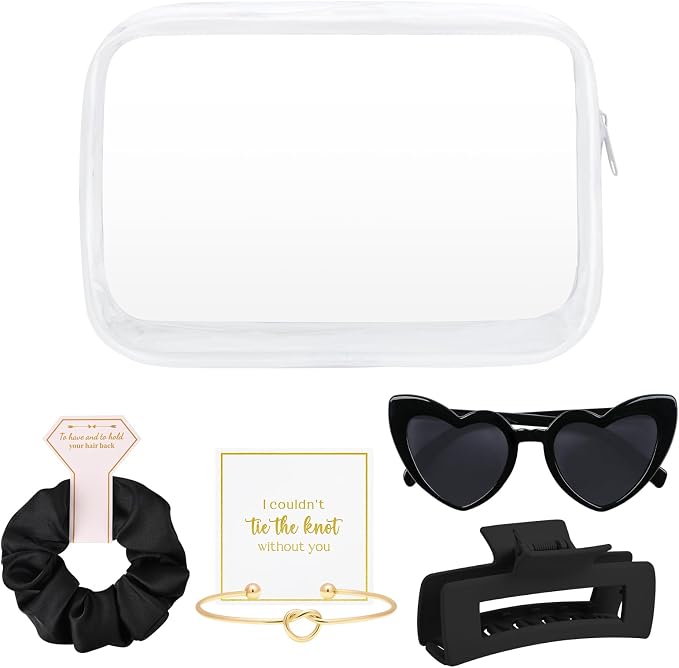 DEEKA 5 Pcs Bridesmaid Proposal Bag Set Gift Clear Makeup Toiletry Bag Bachelorette Party Favors Sunglasses Hair Claw Clips Scrunchies Knot Bracelets Bridal Wedding Party Gifts (Black) - Image 8