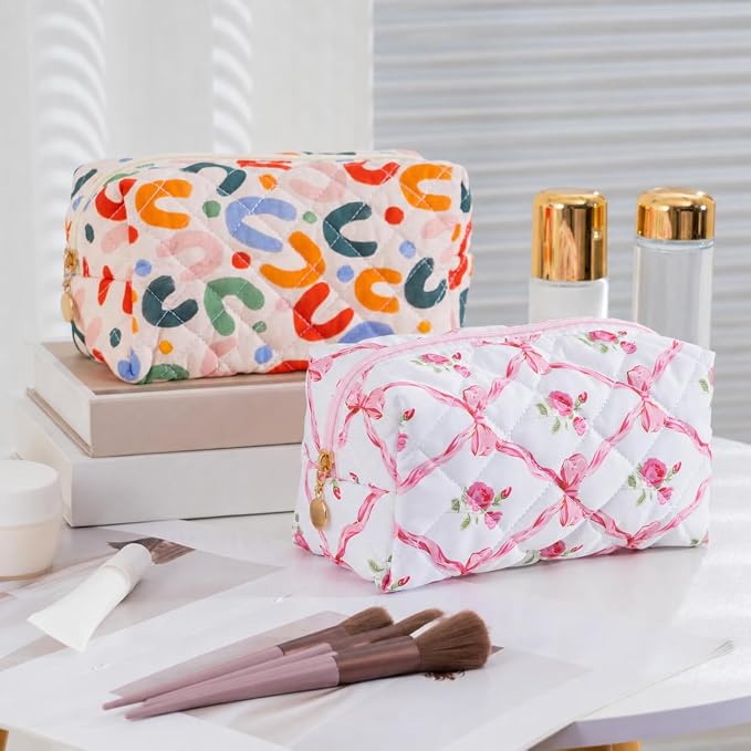 Makeup Bag Travel Toiletry Bag for Women, Small Cosmetic Bags Cute Quilted Cotton Makeup Pouch for Purse Emergency Bag Floral Pencil Case Accessory Bag, Bow and Floral - Image 7
