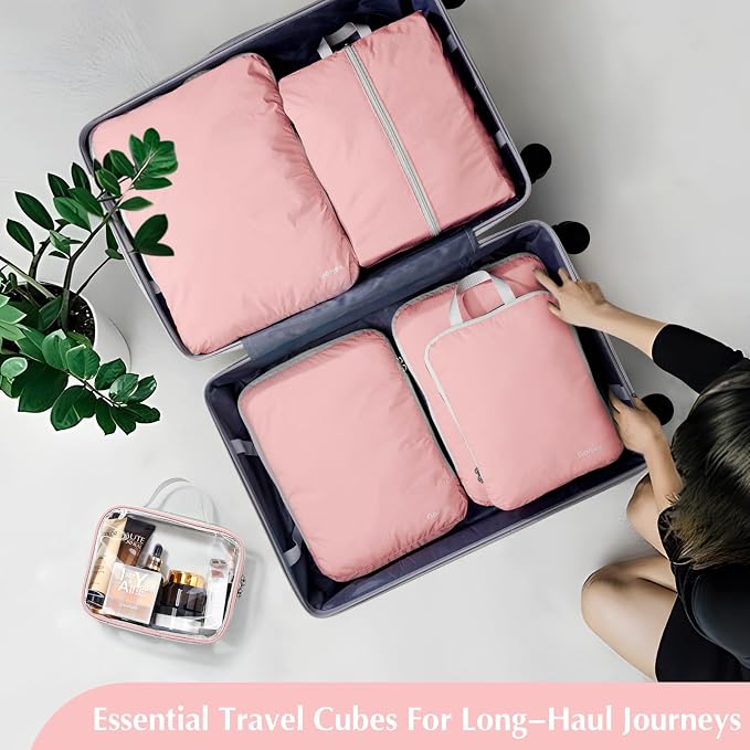 Gonex Compression Packing Cubes, 6pcs Expandable Storage Travel Luggage Bags Organizers with Shoe Bag, Clear Toiletry Bag (Pink) - Image 9