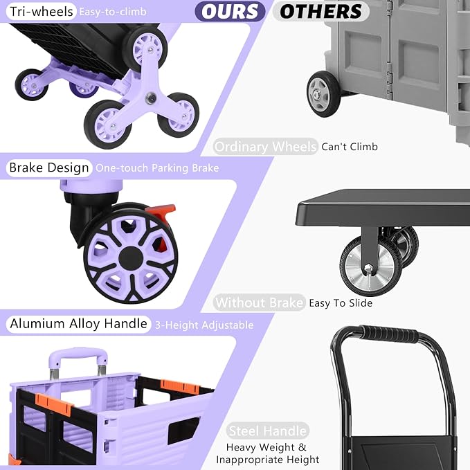FELICON SELORSS Folding Utility Climber Cart Portable Rolling Crate-Purple | Stair Climbing Wheels+360°Swivel Wheels,Telescoping Handle,Plastic Box Dolly for Travel Shop Move Laundry Office Teacher Use - Image 7