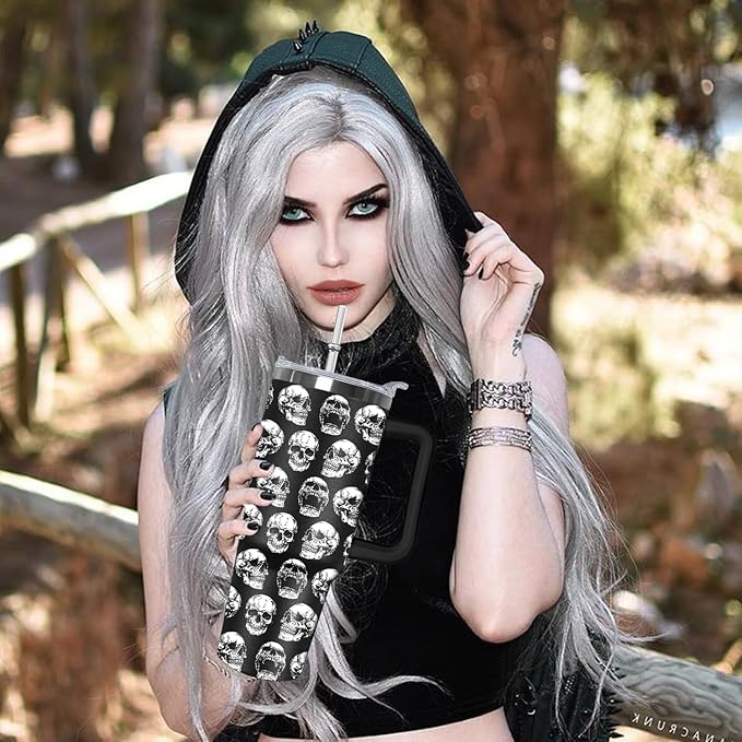 30oz Skull Tumbler with Handle Lid and Straw, Goth Halloween Decor Stuff for Women,Goth Halloween Decor Witch Skull Stuff