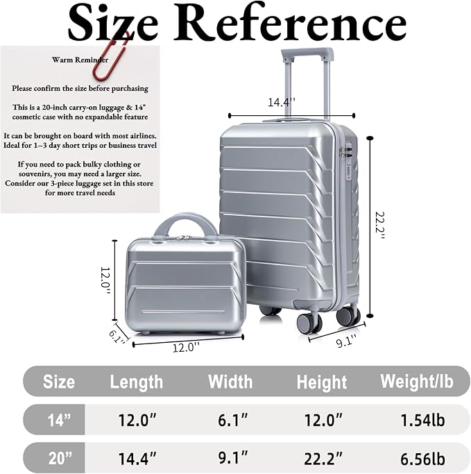 2-Piece ABS Hard Shell Lightweight Carry-On Luggage Set (14" & 20"), 360-Degree Spinner Wheels, Adjustable Telescopic Handle and Combination Lock for Travel, Silver - Image 7