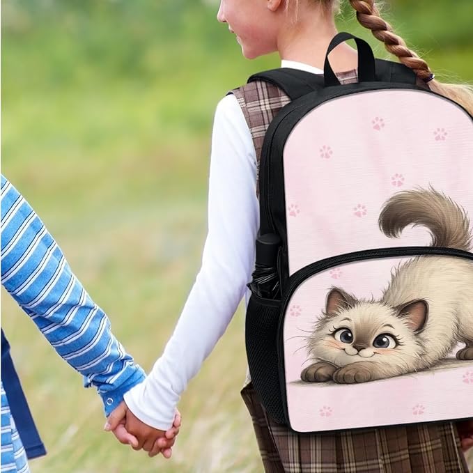 Funny Cat Backpack Set for Girls, Pink Paws School Backpack for Kids 8-12, 4 Pcs Travel Bookbag Insulated Lunch Bag Pencil Box Stationery Pouch Bag Schoolbag Daypack Knapsack Rucksack - Image 7