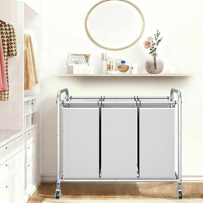 STORAGE MANIAC 3 Section Laundry Sorter, 35.6 Gal (135 L) Laundry Hamper Cart with Heavy Duty Rolling Lockable Wheels and Removable Bags, Clothes Organizer Basket Separator Hamper, Gray - Image 7