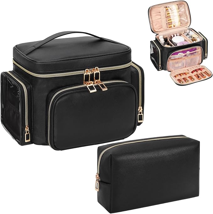 Makeup Bag Set, Portable Travel Makeup Bag Organizer for Women Cute Cosmetic Pouch Large Capacity with Makeup Brush Compartment, Cosmetic Travel Bag with Divider and Handle Toiletry Bag - Black - Image 9