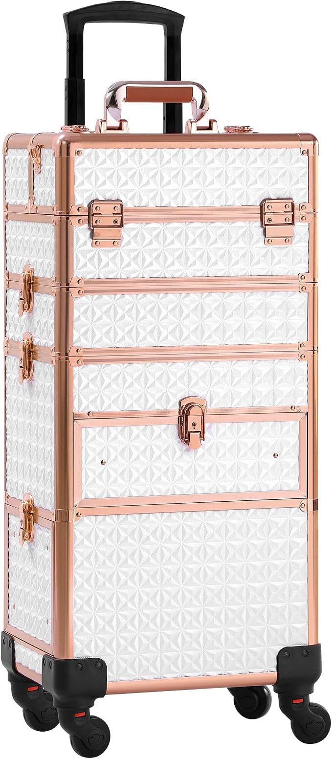 Makeup Train Case with Drawer, Rolling Makeup Case, Cosmetology Case on Wheels, Gift, Large Makeup Case Organizers, Professional for Salon Barber, Nail, Tattoo, White Gold - Image 8