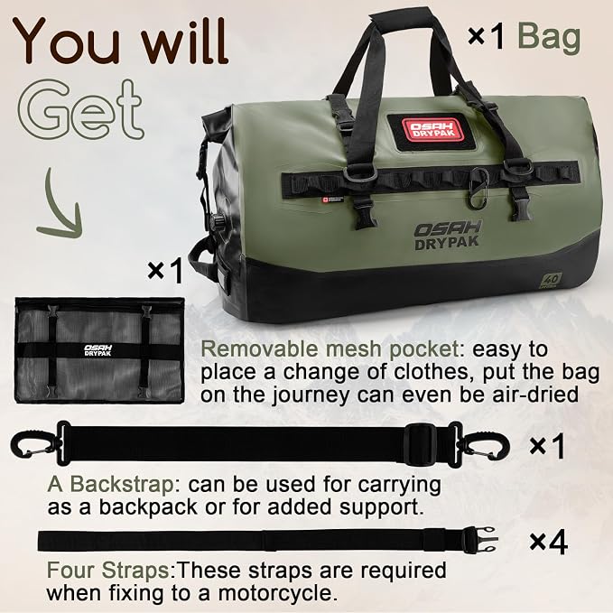 OSAH DRYPAK Waterproof Duffel Bag 25L/40L/60L – Heavy-Duty Motorcycle Tail Bag, Roll-Top Dry Bag for Travel, Camping, Boating, Kayaking, Outdoor Adventure - Image 8