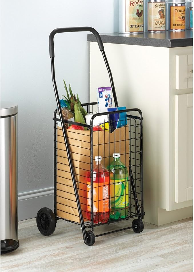 Whitmor Foldable Utility Shopping Cart with Wheels, Heavy Duty Metal Grocery Cart, Portable Foam Handle, Rolling Collapsible Trolley for Groceries, Laundry, Storage, Black - Image 4