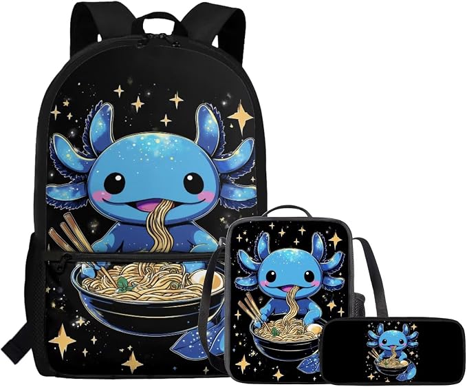 Blue Axolotl Backpack with Lunch Box Kids Girls 6-8/5-7 Ramen Bookbag for 1st Grade Lunch Bag Pencil Case 3 in 1 Set Anime Back Pack Toddler Teen Elementary School Book Bags Preschool - Image 7