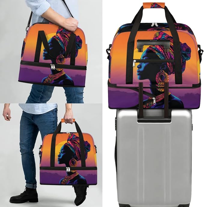 African American Women Foldable Travel Duffel Bag, Expandable Weekender Overnight Carry on Bags with Shoe Compartment Sport Tote Gym Luggage for Women Men - Image 7