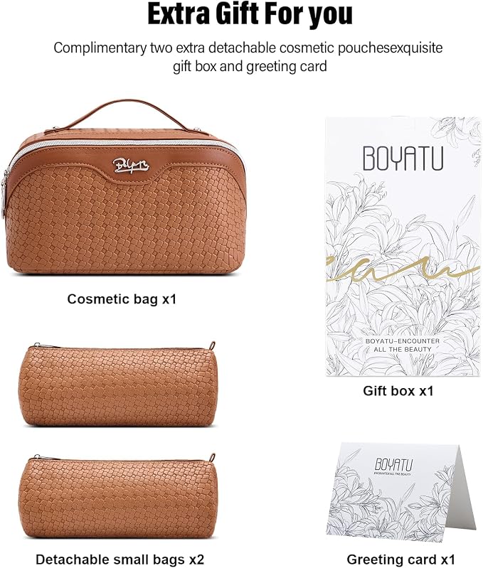 BOYATU Travel Makeup Bag Cosmetic Bags for Women: Large Capacity 3 Pcs Set Make up Bag with Compartments - Waterproof Vegan Leather Toiletry Organizer Bags with Handle (L53Brown) - Image 6