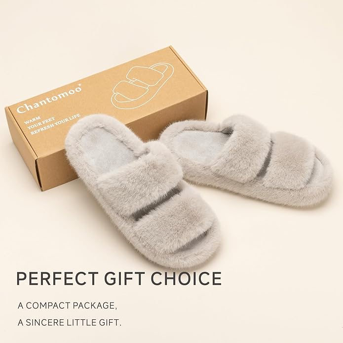 Chantomoo Women's Memory Foam Fuzzy Comfy Faux Fur House Shoes - Furry Bedroom Indoor Open Toe Slippers with Two Bands - Trendy Gift Slippers