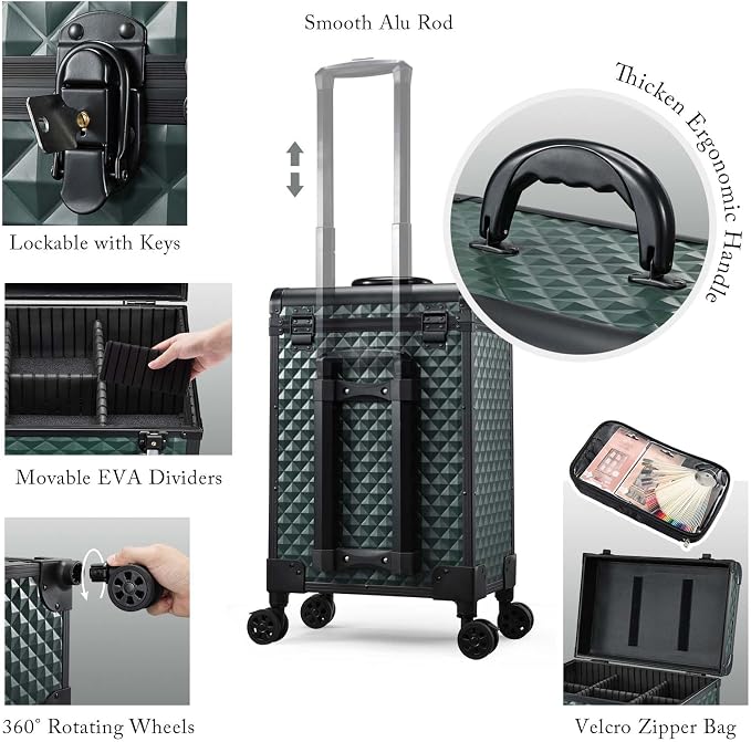 Professional Rolling Makeup Train Case with Drawers, Makeup Case on Wheels, Nail Tech Rolling Cart Storage Organizer Trolley Make up Case for Travel Makeup/Nail Art/Hair Styling, Dark Green - Image 8