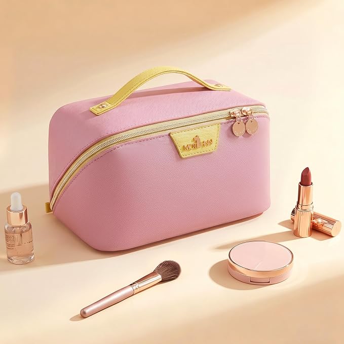 Travel Makeup Bag for Women: 3-in-1 Large Capacity Cosmetics Organizer with 2 Detachable Pouch - Vegan Leather Flat Open Toiletry Bag - Travel Essentials for Full-Sized Bottles(02-Pink) - Image 9