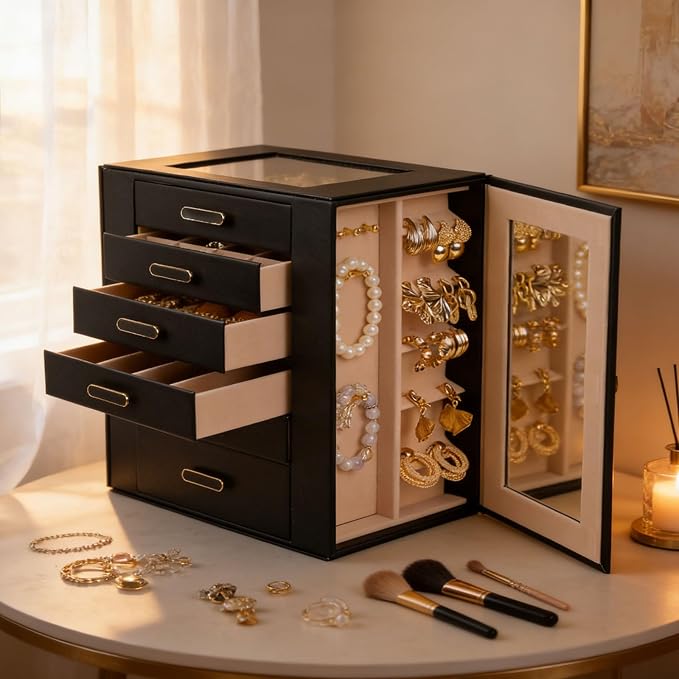 BOOVO Clear Lid Jewelry Box,6 Layers Jewelry Organizer Large Jewelry Storage Box with 6 Drawers,Jewelry Holder Organzier of Rings Earrings Necklace Bracelets for Women (Black, 6 Layer) - Image 6