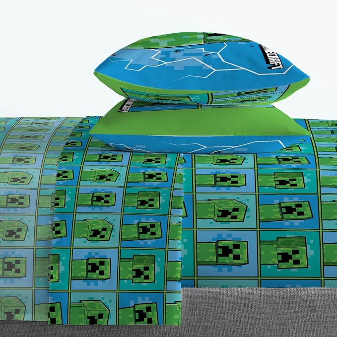 Jay Franco Kids Sheet Set with Fitted, Flat Sheets & Pillow Cover - Ultra-Soft Bedding with Pillowcase for Room Decor, Blue - Minecraft Creeper, 4 Piece Full - Image 6