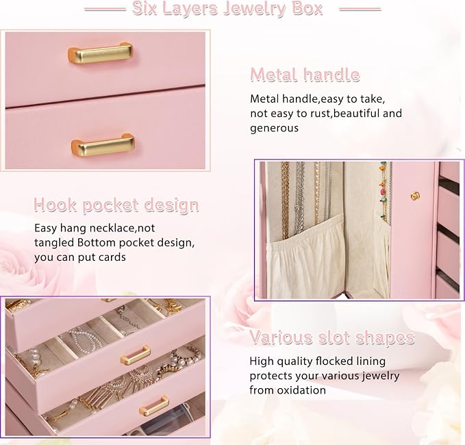 AKOZLIN 6-Tier Jewelry Box Organizer Functional 5 Drawers Leather Jewelry Storage Case for Women Girls Ring Necklace Earring Bracelet Holder Organizer with Mirror Light Pink Regular - Image 8