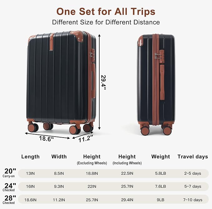 Hardside Luggage Sets, Lightweight Stripes Suitcase with Spinner Wheels, Black - Image 6