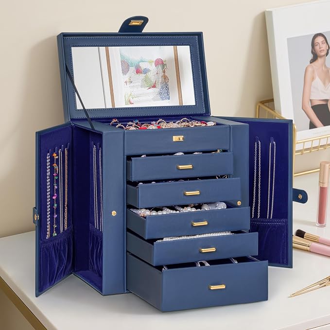 AKOZLIN 6-Tier Jewelry Box Organizer Functional 5 Drawers Leather Jewelry Storage Case for Women Girls Ring Necklace Earring Bracelet Holder Organizer with Mirror Extra Large Blue - Image 8