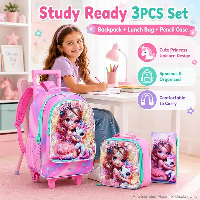 AGSDON 3PCS Rolling Backpack for Girls Boys, Kids Roller Wheels Bookbag, Wheeled School Bag with Lunch Bag - Image 9