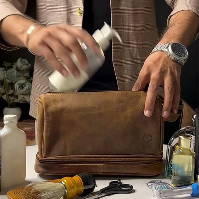 Leather Toiletry Bag for Men - Travel Shaving Dopp Kit - Bathroom Shower Toiletries Organizer - Cosmetic Make up Bag for Women - Image 9