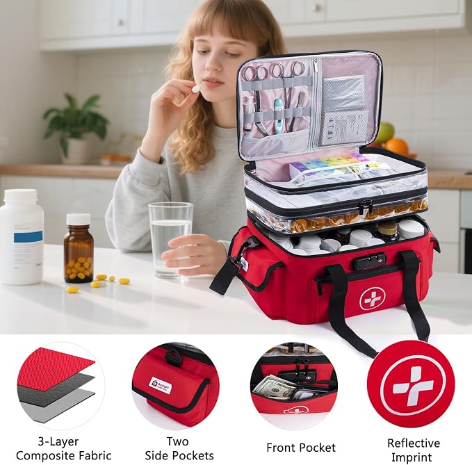 BAGSFY 3-Tier Medicine Organizer with Combination Lock – Large Medicine Bag, Empty First Aid Kit Case, Pill Bottle Medical Supply Organizer, Travel Prescription Bag, Medication Storage Container - Image 6
