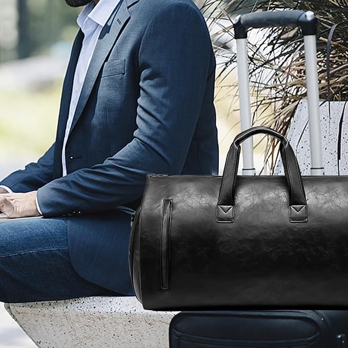 Leather Garment Bag,Convertible Garment Duffel Bag for Travel Mens Suit Bag 2 in 1 Waterproof Foldable Carry on Garment Bag with Shoulder Strap Weekender Bag with Shoe Pouch - Image 6