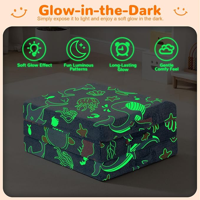 MeMoreCool Glow Ocean Kids Foldable Floor Mattress Trifold, 57x22 Inch Blue | Glow ocean trifold mattress for kids room, playroom, reading and travel - Image 7