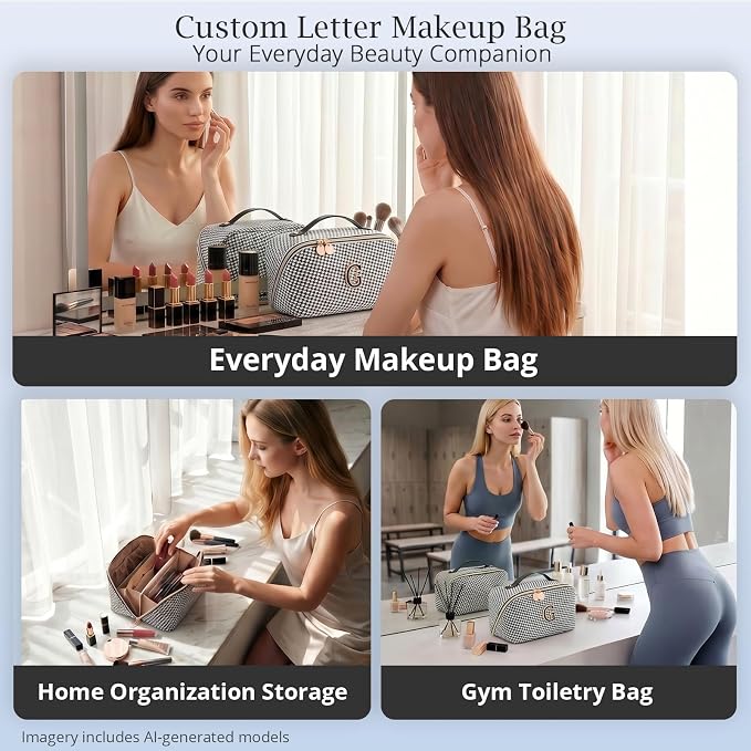 Personalized Gift Travel Makeup Bag: Initial Makeup Organizer Bag for Women | 3-in-1 Custom Make up Bag Set - Vegan Leather Travel Cosmetic Bag - Luxury Gift for Women – Birthday, Anniversary, Graduation - Image 9